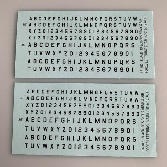 LB-102 Decal Sheet, Black Letter & Single Digit Numbers US Army & Airforce