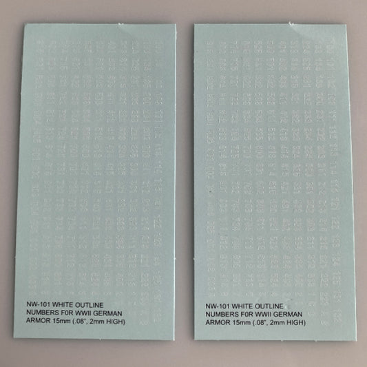 NW-101 Decal Sheet, AFV Numbers. White outline, clear center