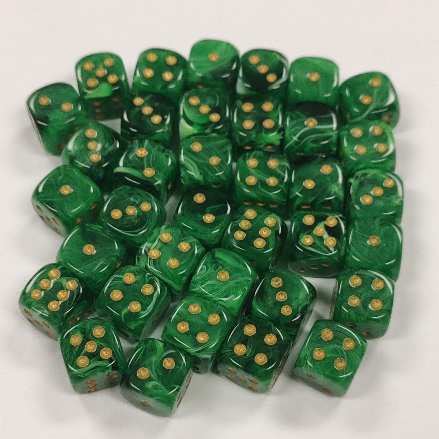 Opaque 12mm Dice w/ Rounded Corners Green w/Gold Pips (Vortex) (36 Pk)